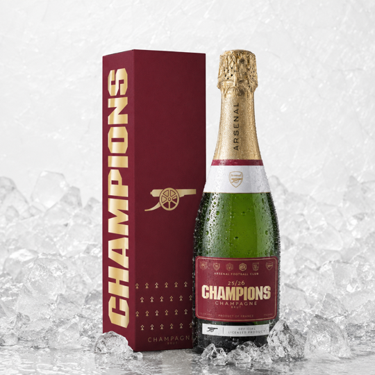 Arsenal FC Premier League Champions 25/26 Premium Brut Champagne bottle in an ice bucket
